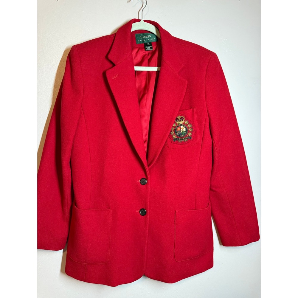 Vintage Lauren Ralph Lauren Red Wool Blazer Jacket Crest Logo Size 12
